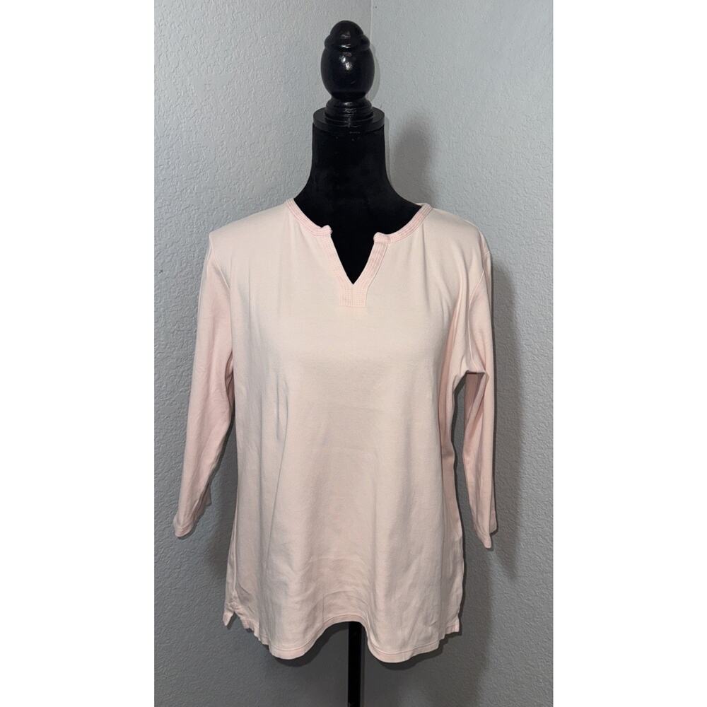 L L Bean Shirt Women L Pedal Pink 100% Cotton V Neck Quarter Sleeve Casual Top